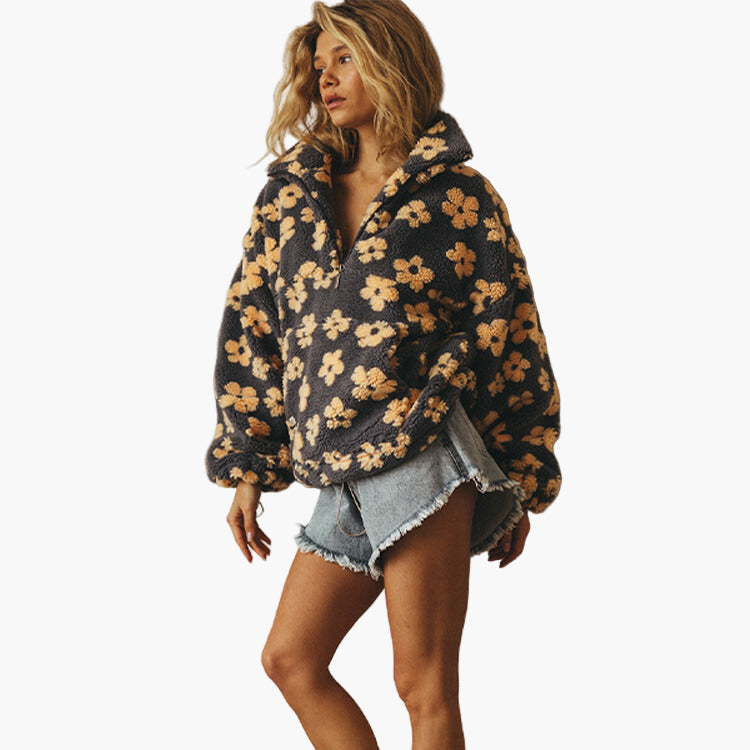 Pull polaire bohème femme à motif floral – Sweat douillet pour loisirs en automne et soirées cosy