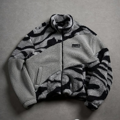 Chaqueta unisex de forro polar de peluche con estampado de cebra y cuello alto