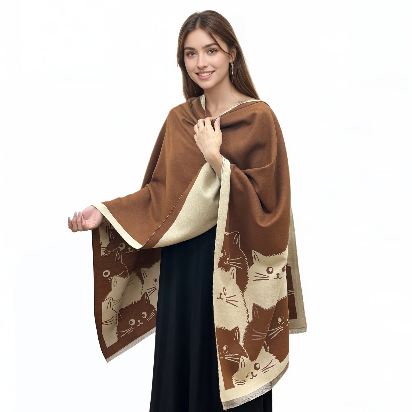Katzen-Poncho mit Fransen Warmer Wickelschal Damen Cape Braun Gemustert