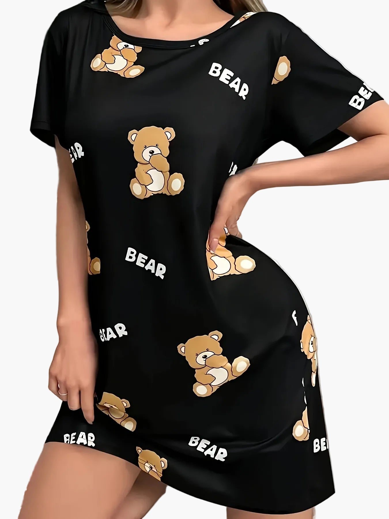 Dame nattkjole med bjørnemønster, kortermet, komfortabel, loungewear for vår og sommer