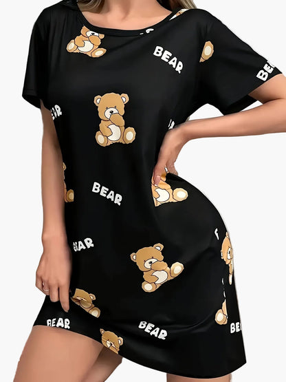 Dame nattkjole med bjørnemønster, kortermet, komfortabel, loungewear for vår og sommer