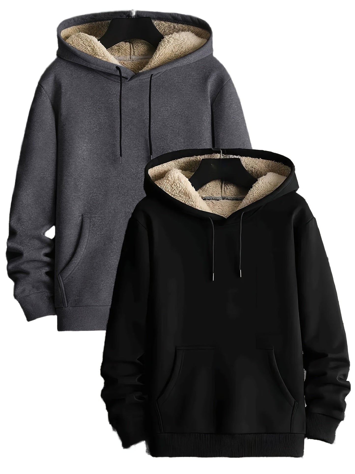 Pack de dos sudaderas con capucha forradas, en colores lisos y con bolsillo canguro – conjunto de sudaderas cálido
