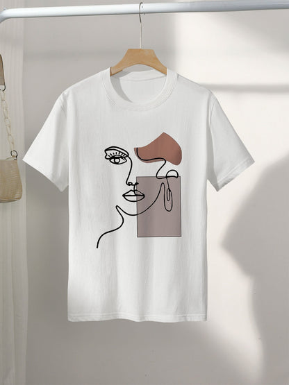 Damen T-Shirt mit abstraktem Gesicht Print – Modernes Kunst Casual Shirt für Alltag & Freizeit
