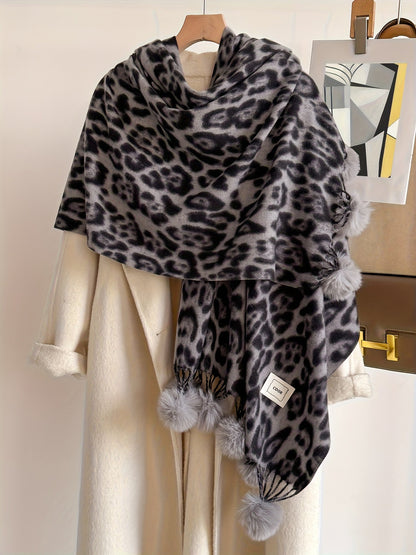 Schal mit Leopardenmuster und Pompons, weiches Material