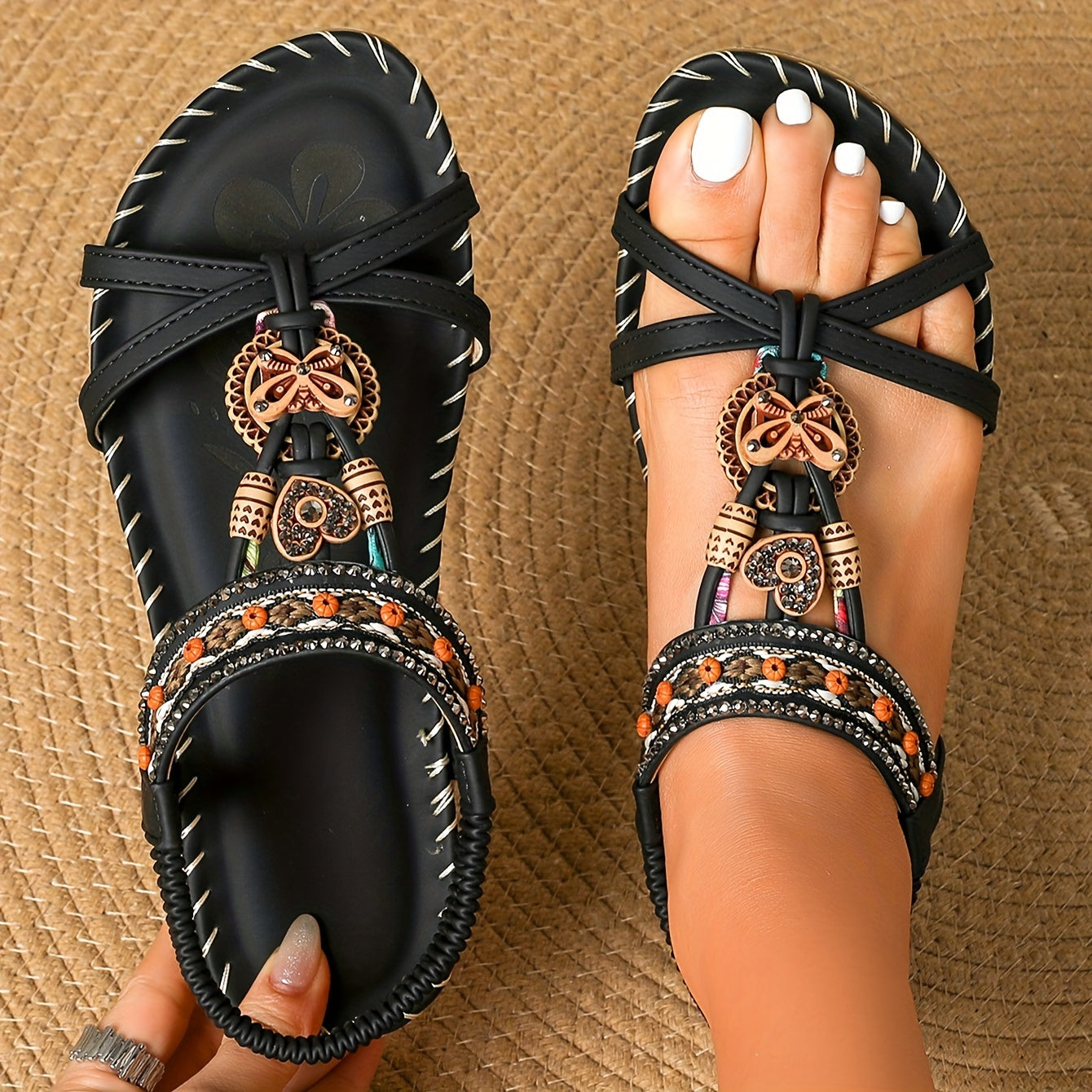 Sandalias bohemias para mujer con decoración étnica de perlas y plantilla cómoda – Tendencia de verano y ocio
