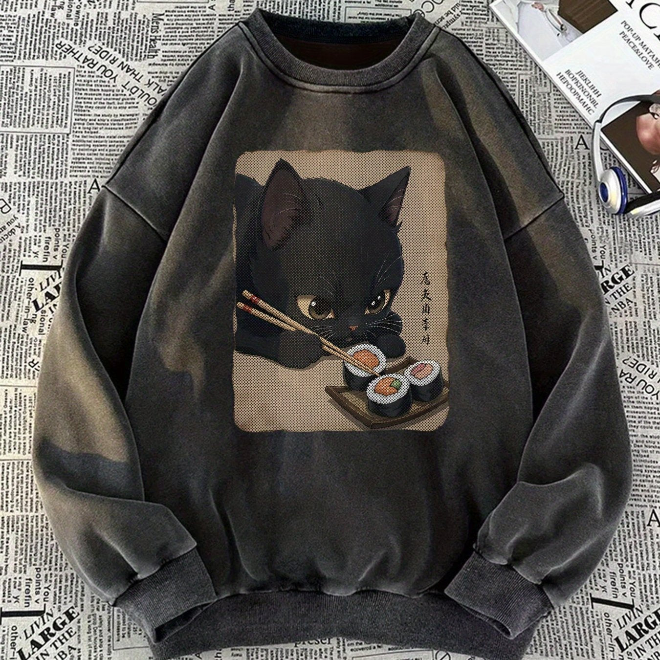 Felpa unisex con stampa di gatti e sushi, pullover girocollo dall’aspetto vintage