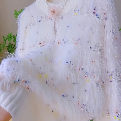 Maglione bianco da donna con frange e accenti colorati