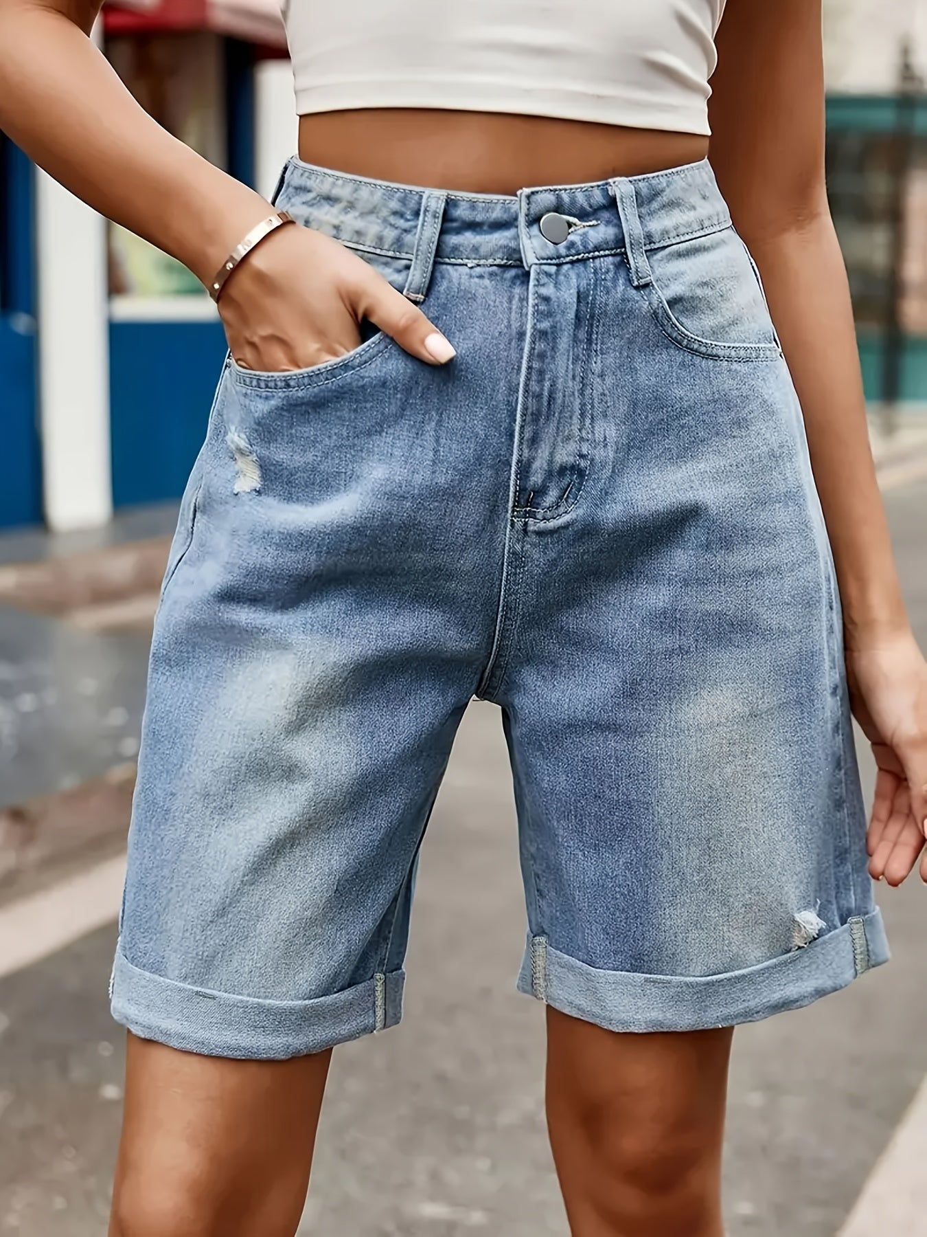 Damen Jeans Bermuda Shorts im Casual Style für Sommer – Bequeme Radhose mit Used-Look