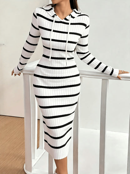 Damen Midi Kapuzenkleid gestreift Rippstrick Weiß Schwarz