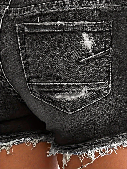 Short en jean femme aspect usé avec franges – Mode estivale décontractée pour loisirs et quotidien