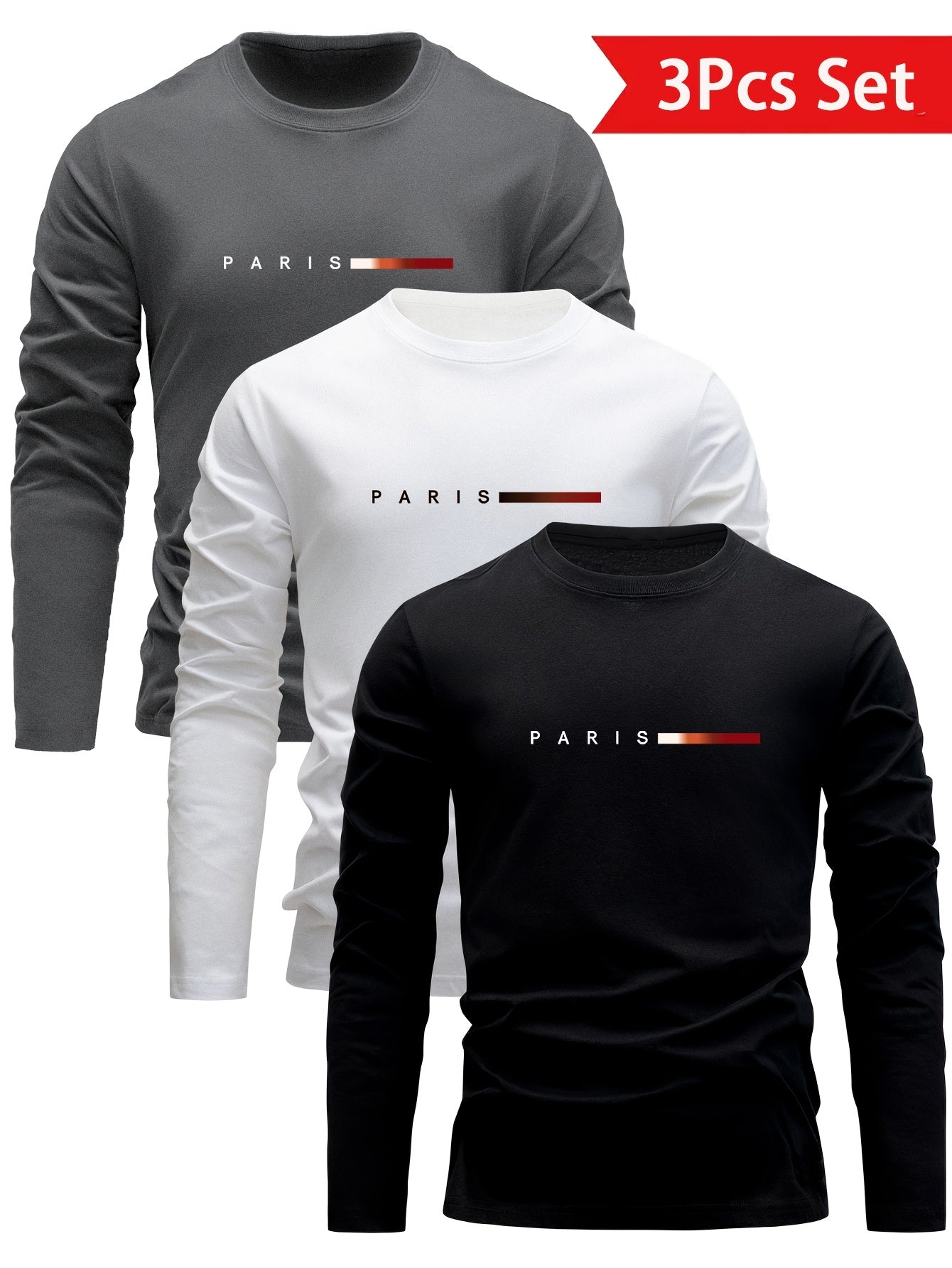Herren Langarmshirt 3er-Set mit Rundhalsausschnitt und „Paris“-Druck