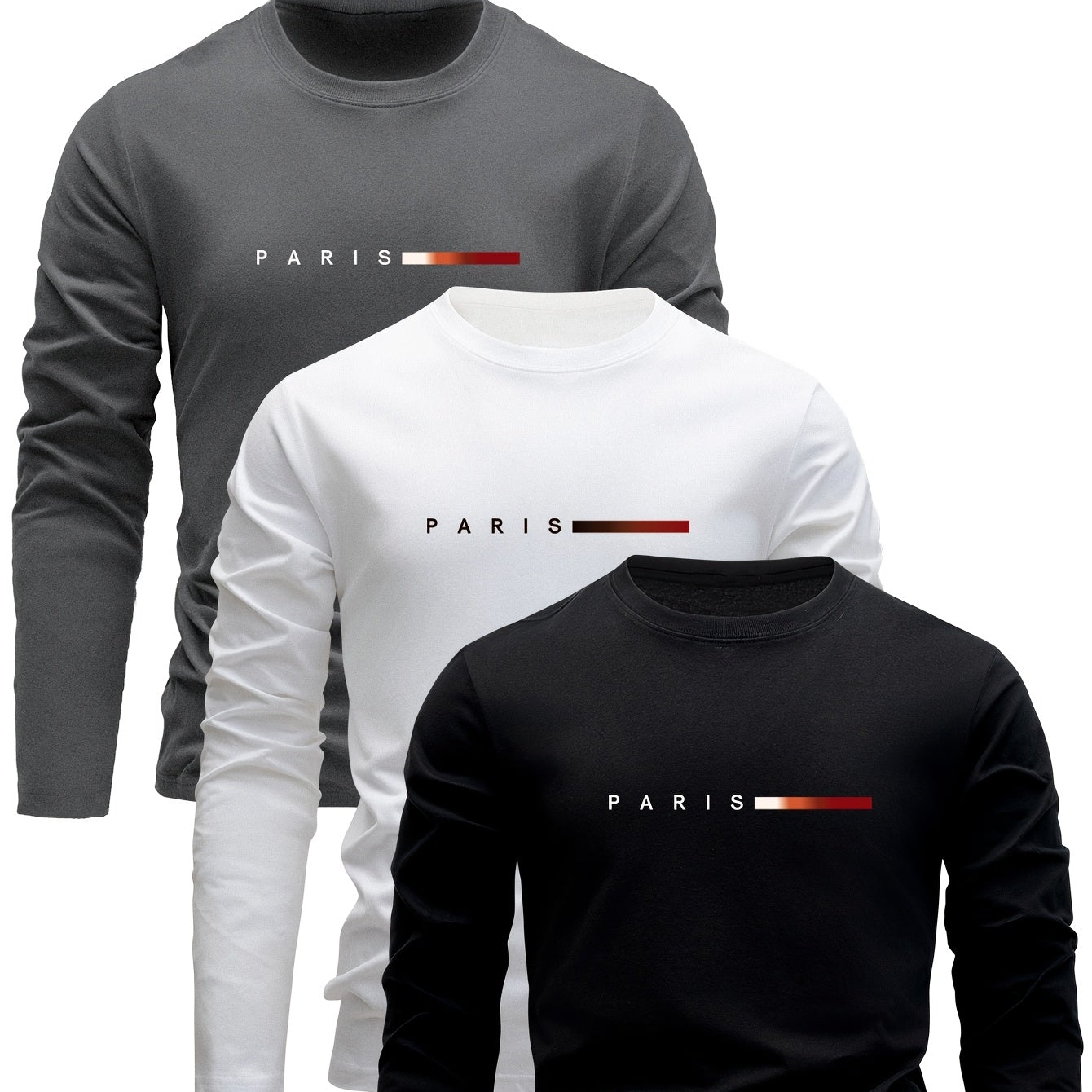 Herren Langarmshirt 3er-Set mit Rundhalsausschnitt und „Paris“-Druck