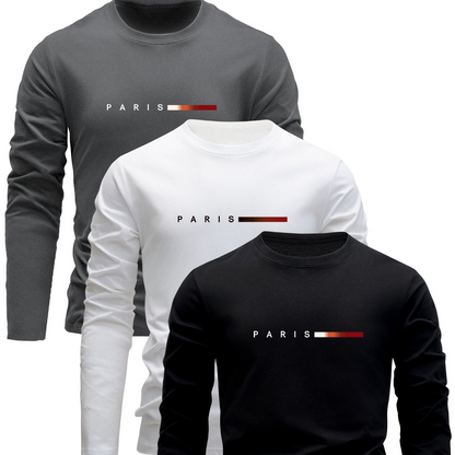 Herren Langarmshirt 3er-Set mit Rundhalsausschnitt und „Paris“-Druck