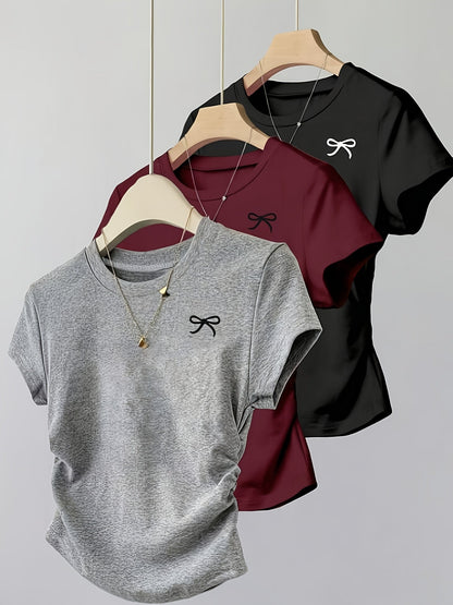 Dame basic T-skjorte med broderi og rynkinger – hverdag og fritid, kortermet, moderne