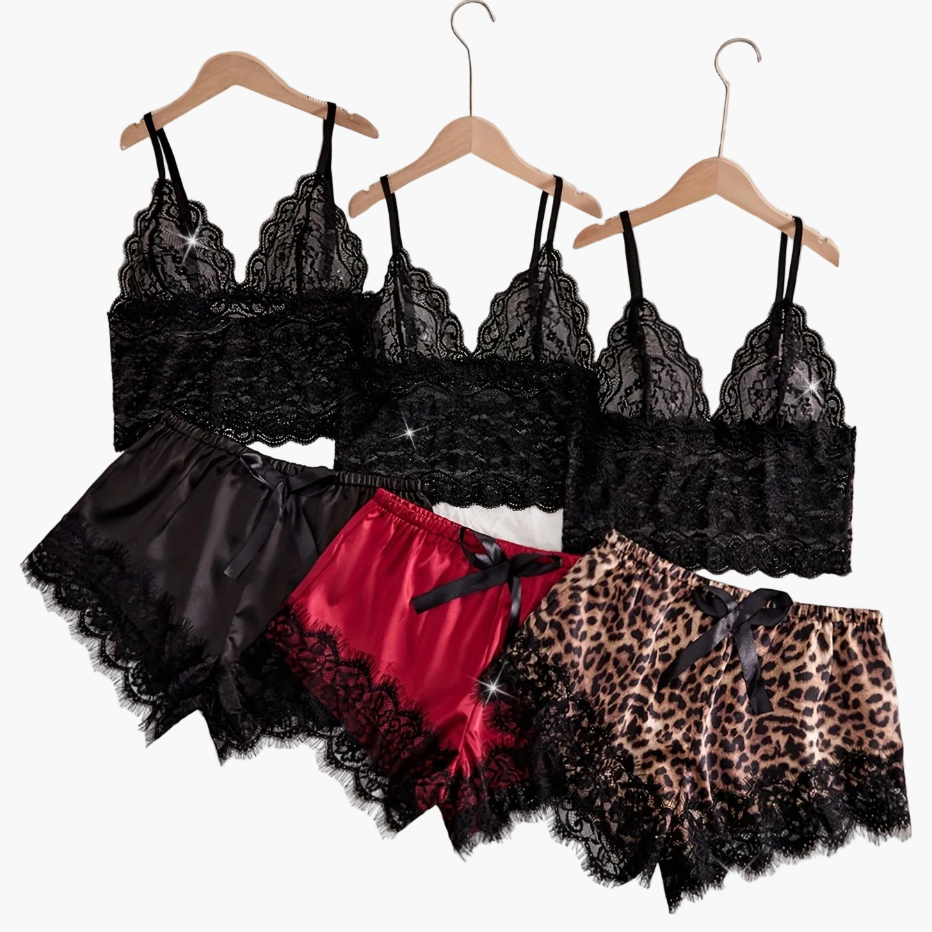 Damen Spitzen Pyjama Set – Eleganter Schlafanzug mit Shorts und Bralette, 3-teilig, Sexy Nachtwäsche