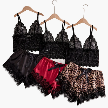 Damen Spitzen Pyjama Set – Eleganter Schlafanzug mit Shorts und Bralette, 3-teilig, Sexy Nachtwäsche