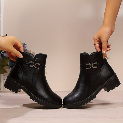 Damen Stiefelette mit Zierschnalle und seitlichem Reißverschluss, Schwarz
