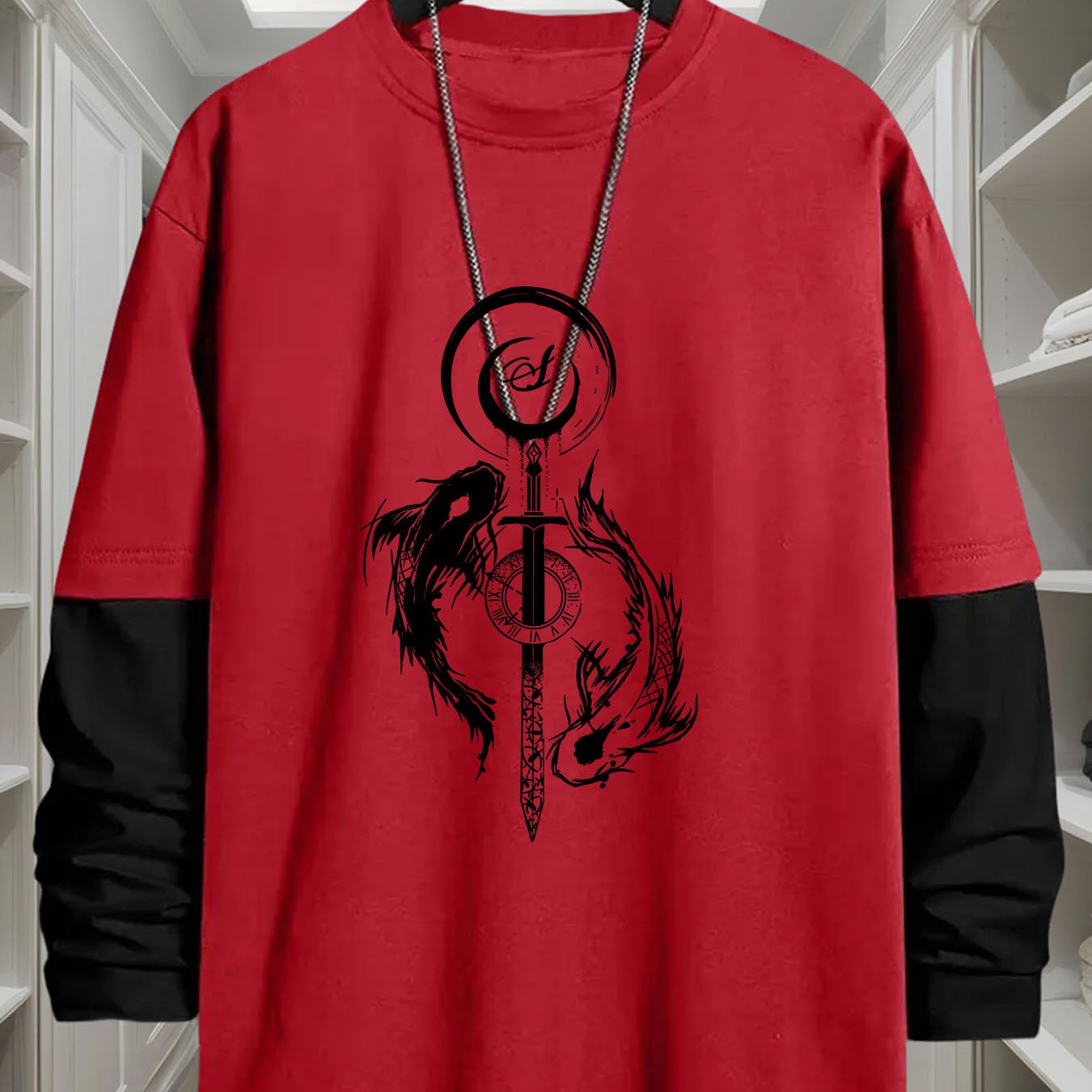 Unisex Langarm-T-Shirt mit Schwert- & Drachen-Print, Mehrfarbig