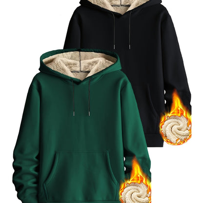 Pack de dos sudaderas con capucha forradas, en colores lisos y con bolsillo canguro – conjunto de sudaderas cálido