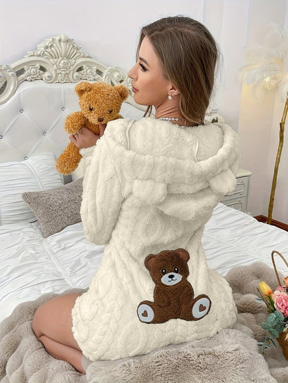 Teddybjørnepyjamas til damer i ét stykke med hætte og lynlås, hvid/sort
