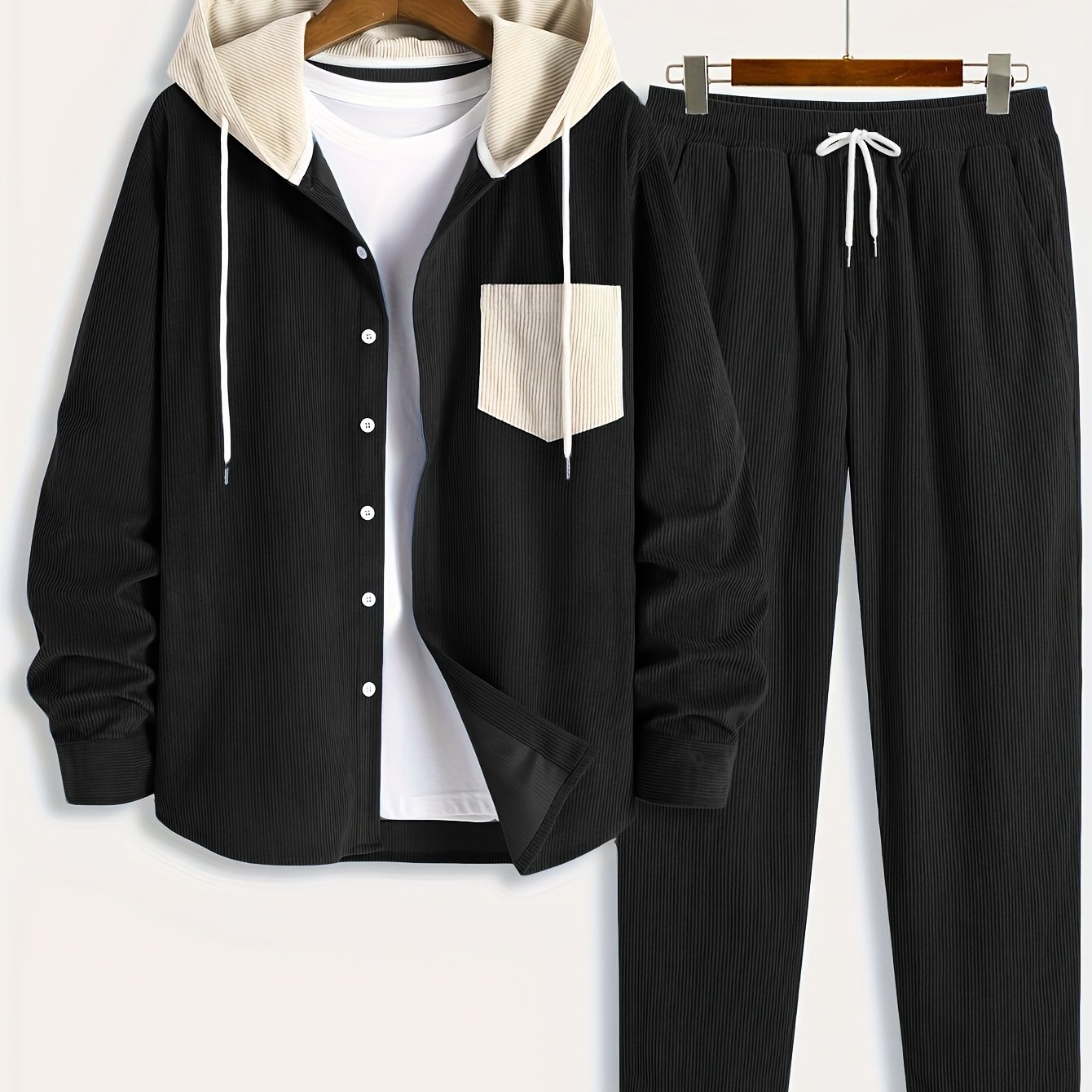 Conjunto de dos piezas para hombre con camisa tipo sudadera con capucha acanalada y pantalón jogger, traje informal