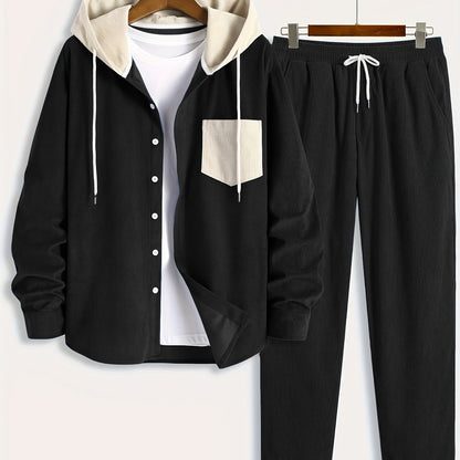 Conjunto de dos piezas para hombre con camisa tipo sudadera con capucha acanalada y pantalón jogger, traje informal