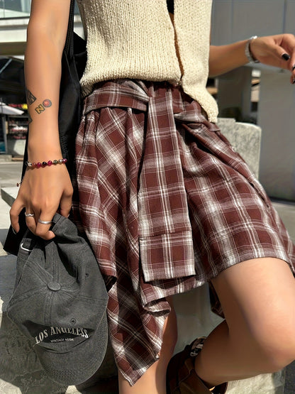 Gonna asimmetrica a quadri da donna in stile camicia per streetwear e tempo libero