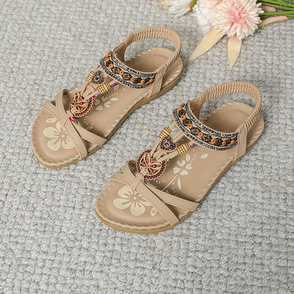 Sandalias bohemias para mujer con decoración étnica de perlas y plantilla cómoda – Tendencia de verano y ocio