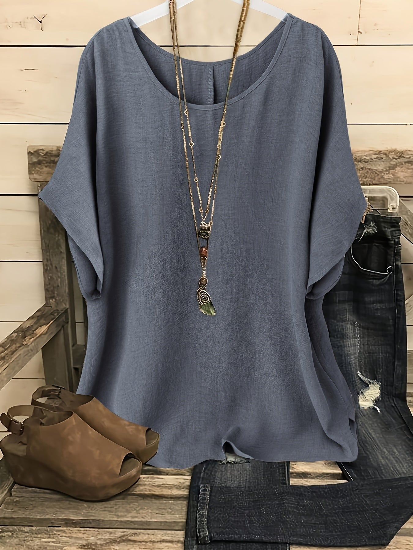 Damen Casual Oversize Bluse mit Rundhalsausschnitt – Perfekt für Alltag und Freizeit