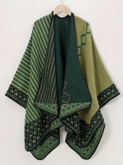 Poncho da donna multicolore verde con righe e motivo geometrico