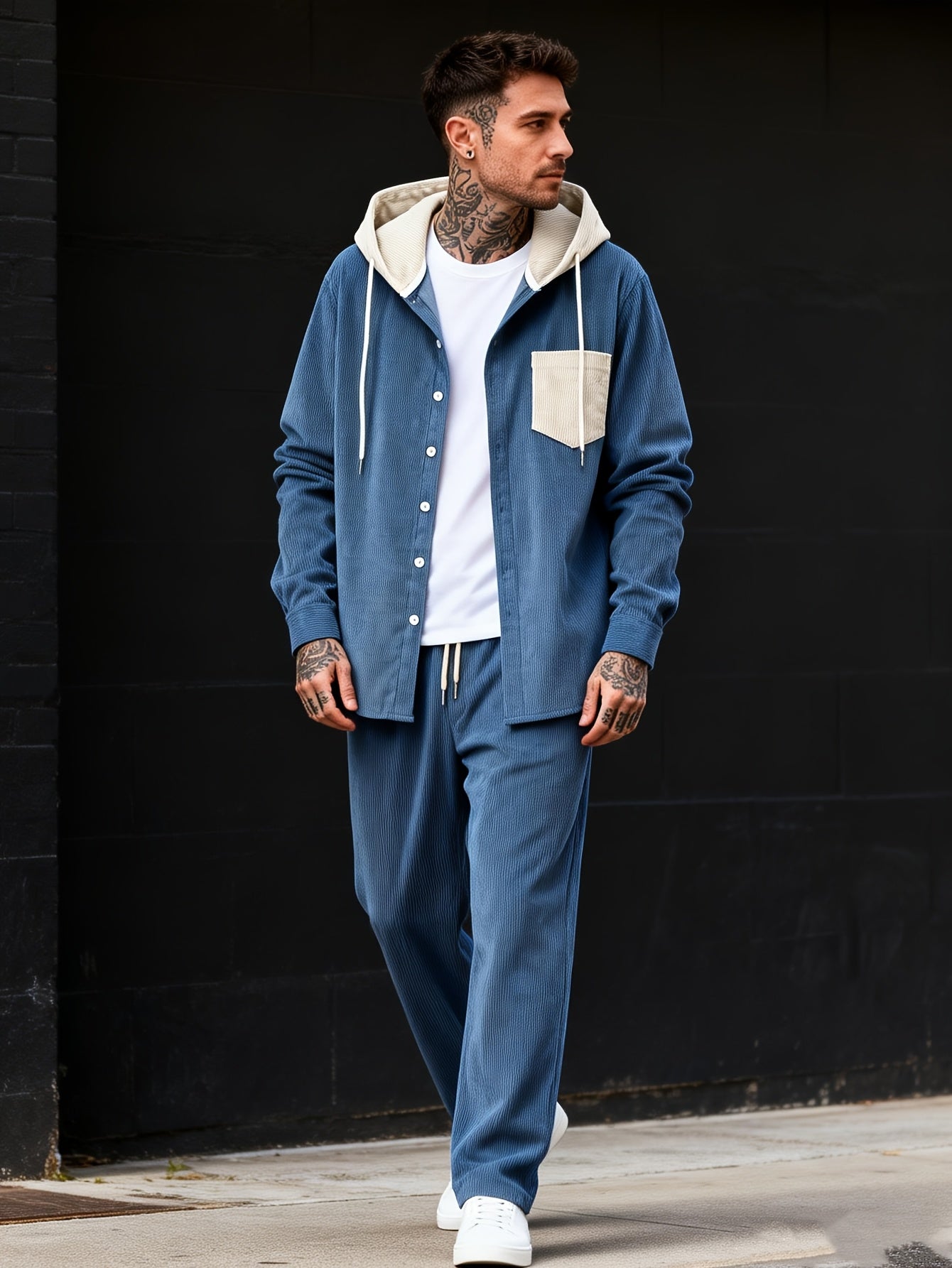 Conjunto de dos piezas para hombre con camisa tipo sudadera con capucha acanalada y pantalón jogger, traje informal