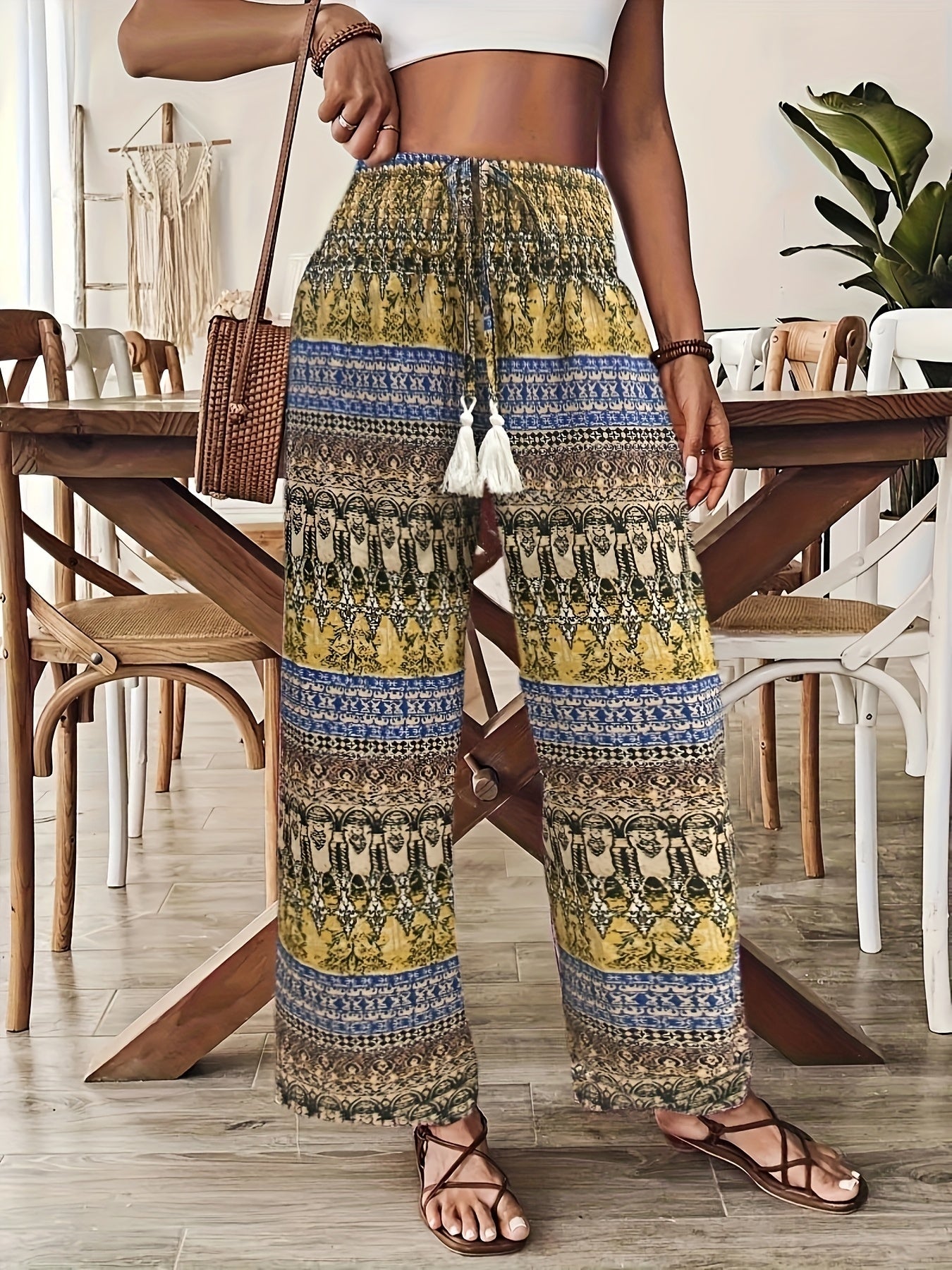 Damen Weite Boho-Hose mit geometrischem Muster für Urlaub und Freizeit