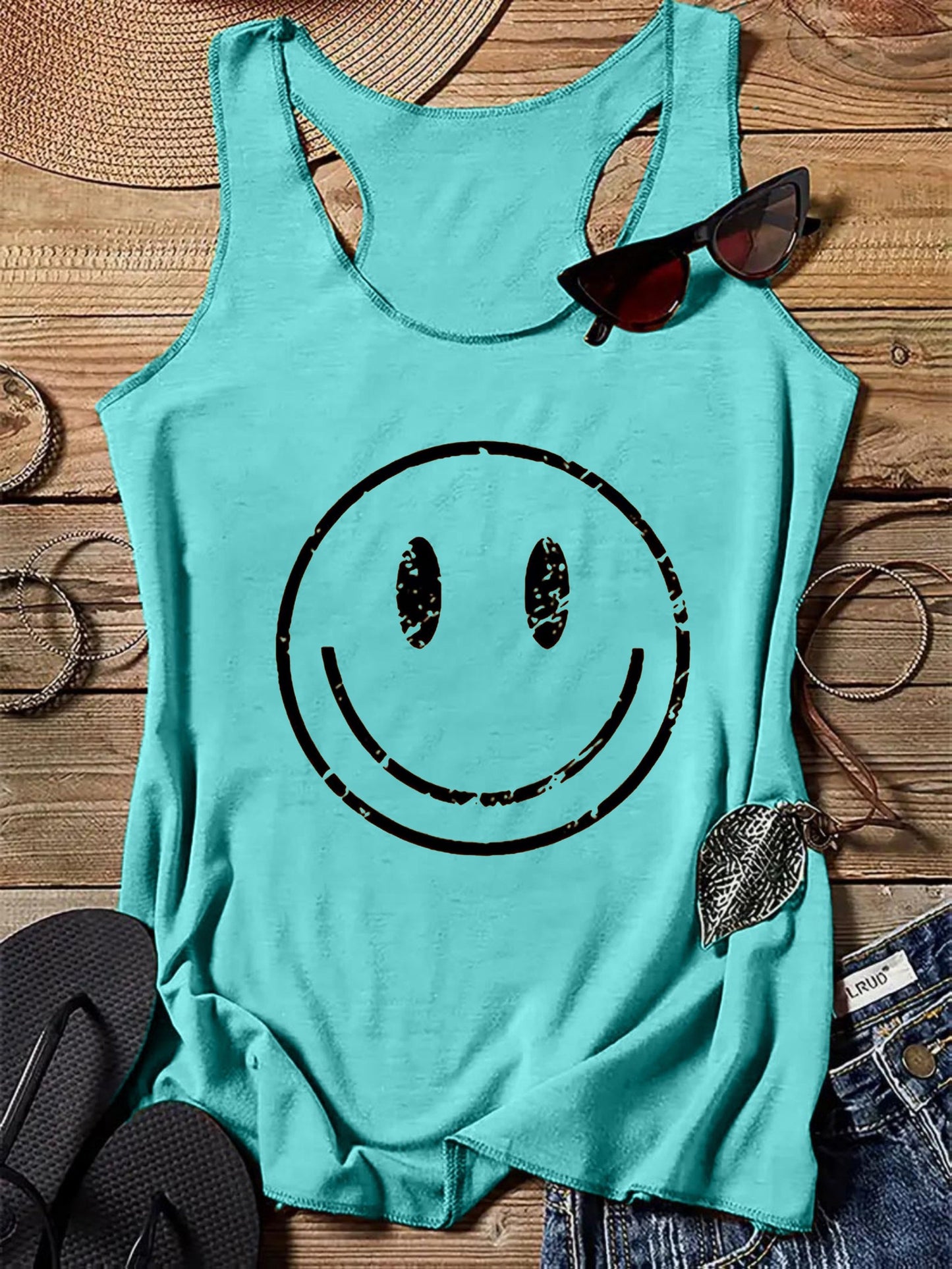 Damski tank top z vintage nadrukiem uśmiechniętej buźki – swobodna letnia koszulka na co dzień