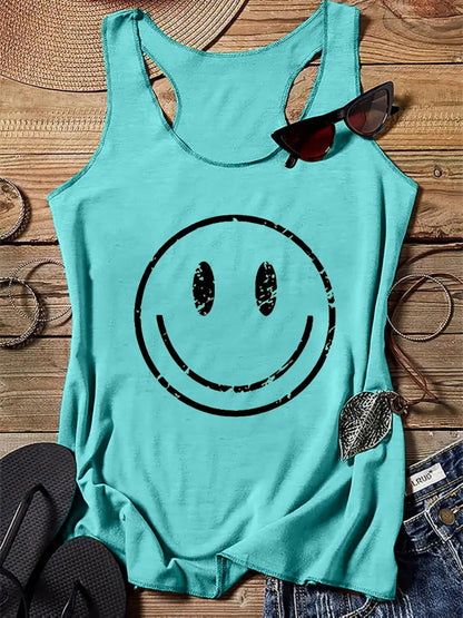 Damski tank top z vintage nadrukiem uśmiechniętej buźki – swobodna letnia koszulka na co dzień