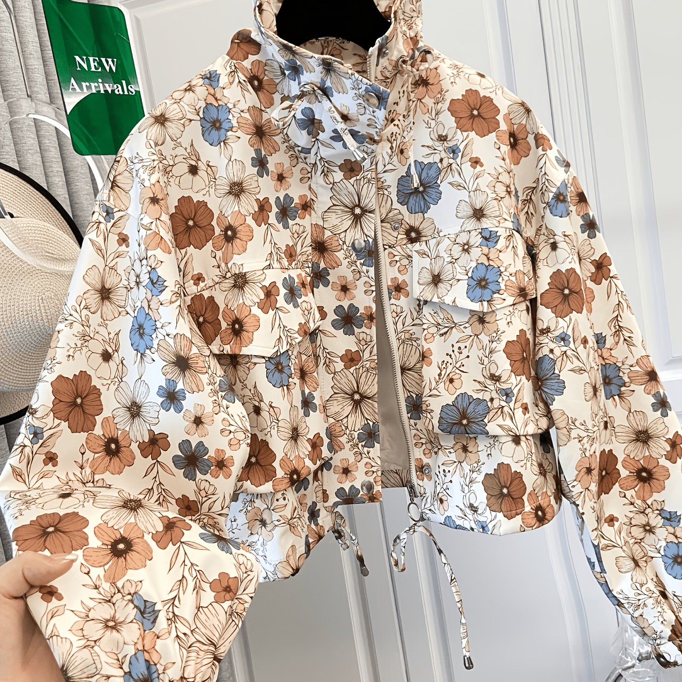 Damen Kurzjacke mit Reißverschluss und tropischem Blättermuster