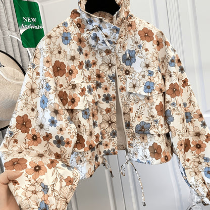 Damen Kurzjacke mit Reißverschluss und tropischem Blättermuster