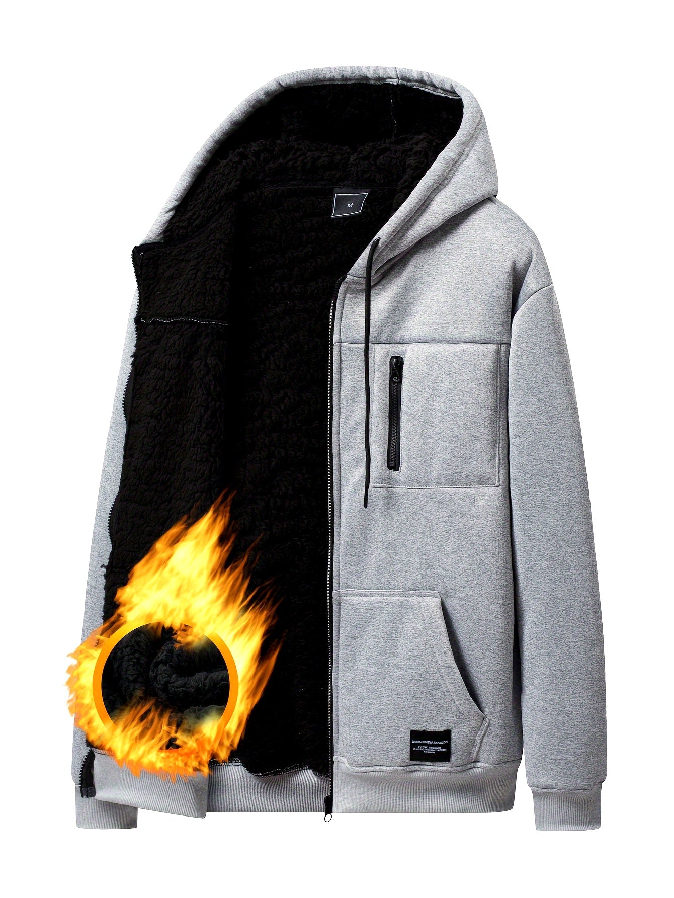 Herren Kapuzenjacke mit Reißverschluss und Teddyfutter Grau