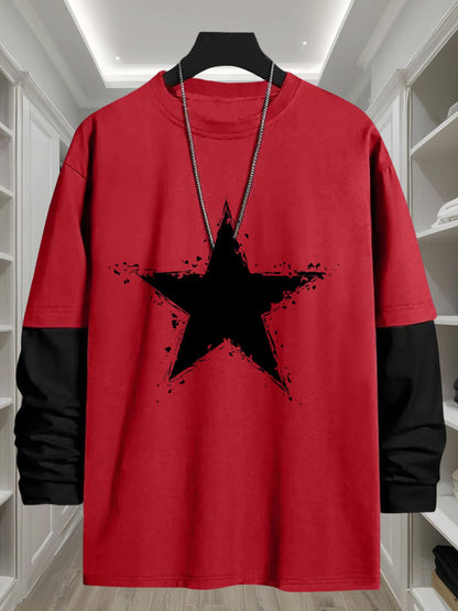 Herre-langærmet T-shirt med to-lagslook, stjerneprint og rund hals