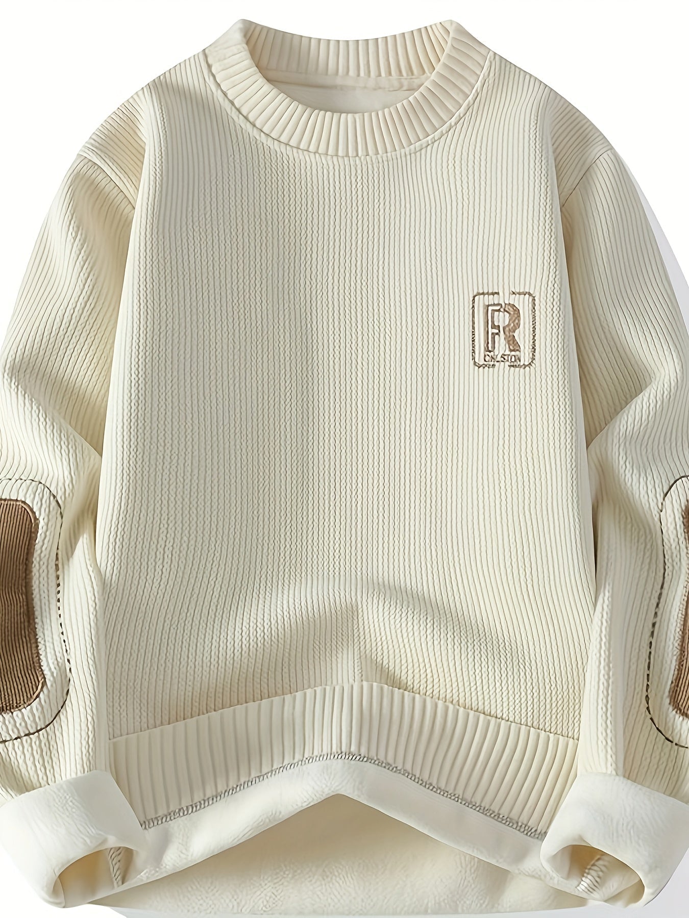 Suéter unisex de cuello redondo con textura acanalada y parches en los codos