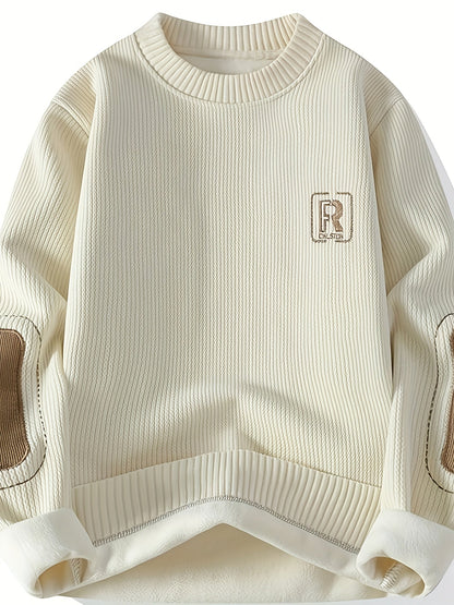 Suéter unisex de cuello redondo con textura acanalada y parches en los codos