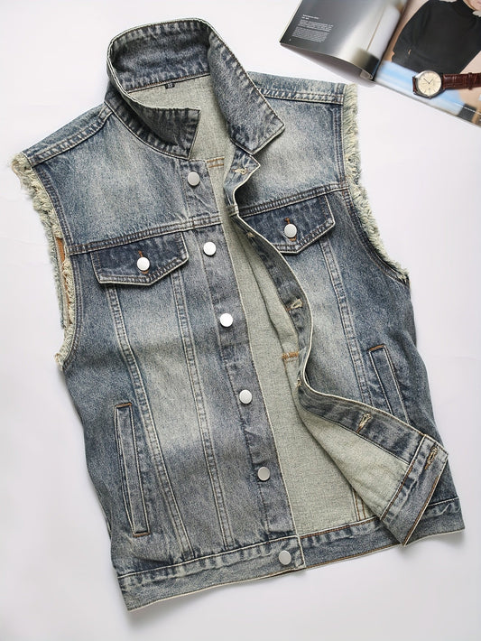 Blå ermeløs jeansvest for herrer med slitt look