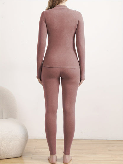 Damen Thermounterwäsche Set Warm Fleece Futter Rollkragen Top & Leggings