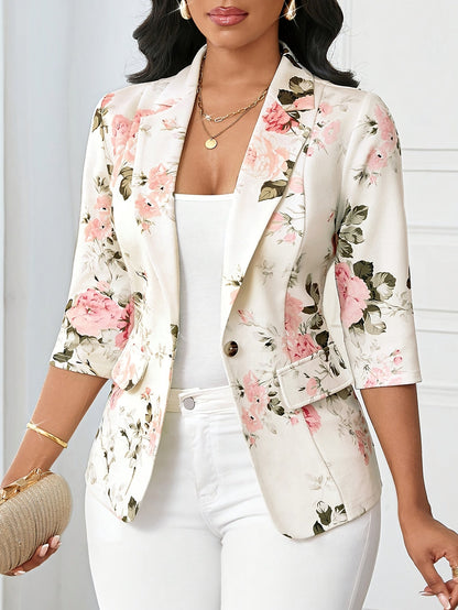 Dames Elegante Blazer met Bloemenpatroon en 3/4 Mouwen – Perfect voor Kantoor en Vrije Tijd