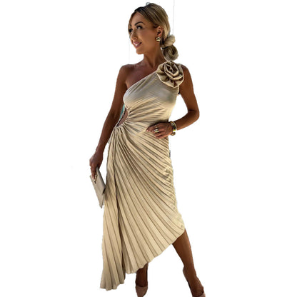 Abito cocktail plissé monospalla da donna con applicazione floreale – Elegante abito da sera asimmetrico per feste ed eventi