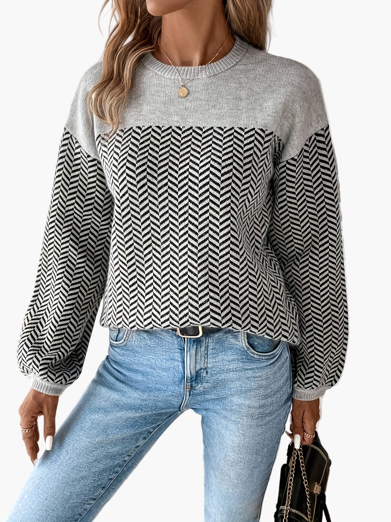 Maglione casual da donna a maglia con motivo pied de poule e scollo rotondo – Perfetto per autunno e inverno