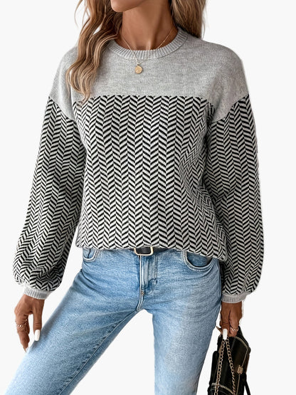 Maglione casual da donna a maglia con motivo pied de poule e scollo rotondo – Perfetto per autunno e inverno