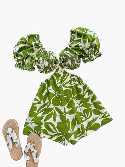 Mono de verano para mujer con mangas abullonadas y estampado tropical – Perfecto para la playa y las vacaciones
