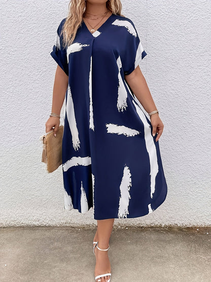 Damen Elegant Midi Tunika Kleid mit V-Ausschnitt und Modernem Print – Ideal für Alltag und besondere Anlässe