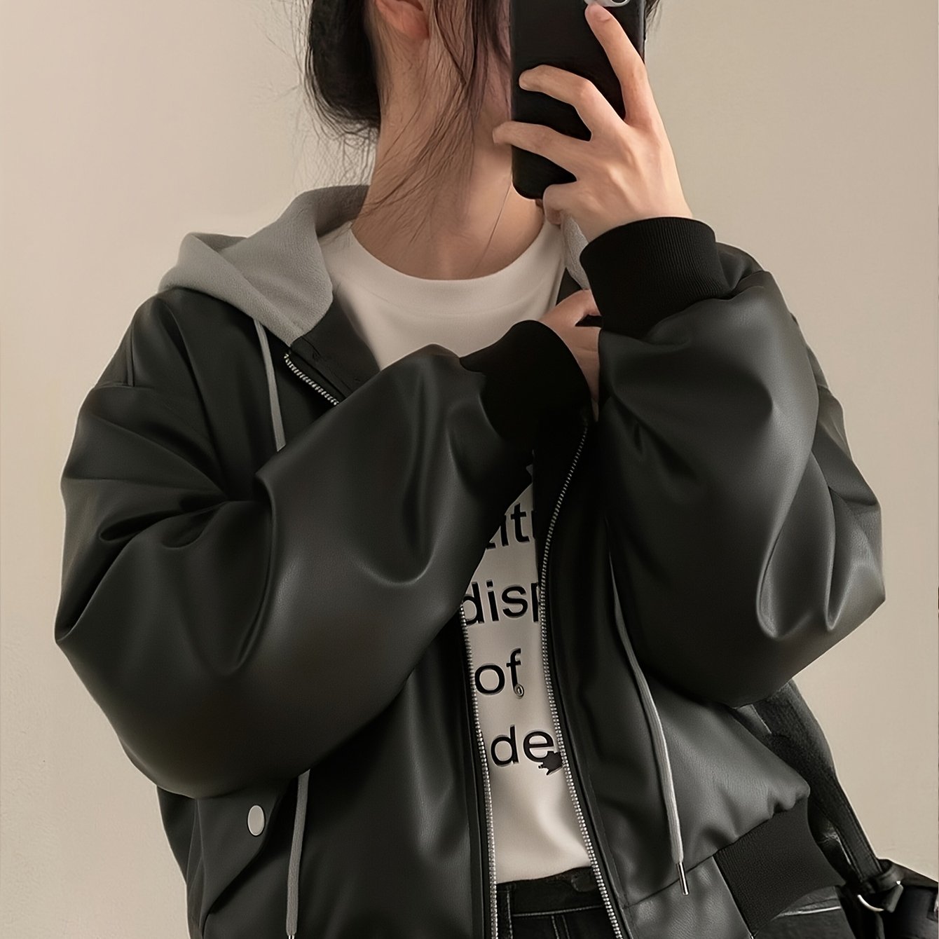 Unisex Bomberjacke Schwarz mit Kapuze Weitem Schnitt