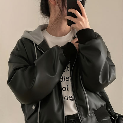 Unisex Bomberjacke Schwarz mit Kapuze Weitem Schnitt